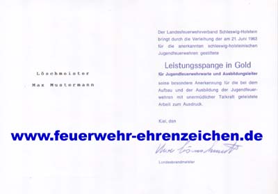 Der Landesfeuerwehrverband Schleswig-Holstein bringt durch die Verleihung der am 21. Juni 1963 für die anerkannten schleswig-holsteinischen Jugendfeuerwehren gestiftete Leistungsspange in Gold für Jugendwarte und Ausbildungsleiter seine besondere Anerkennung für die bei dem Aufbau und der Ausbildung der Jugendfeuerwehren mit unermüdlicher Tatkraft geleistete Arbeit zum Ausdruck.