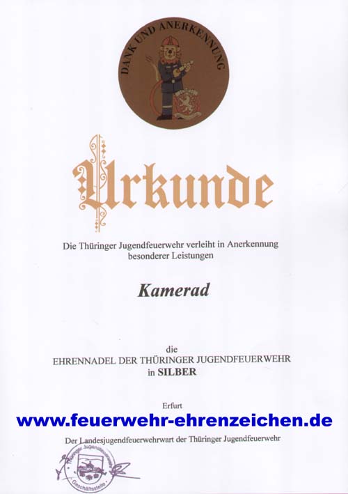 Ehrenurkunde / Der Thüringer Feuerwehrverband verleiht in Dank und Anerkennung für 50-jährige treue Dienste in der Feuerwehr und Wirken für das Gemeinwohl Kameraden Max Mustermann das Große Brandschutzehrenzeichen am Bande