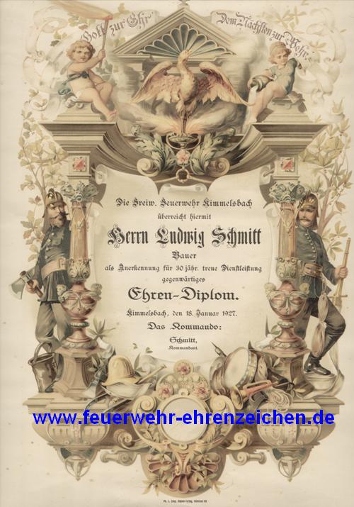 Die Freiw. Feuerwehr Himmelsbach überreicht hiermit Herrn Ludwig Schmitt Bauer als Anerkennung für 30 jähr. treue Dienstleistung gegenwärtiges Ehren-Diplom.